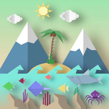 Origami Style Crafted out of Paper with Cut Shark, Stingray, Octopus, Fish, Sun, Sky. Abstract Underwater Life. Template Under the Water Cutout Elements, Symbols. Vector Illustrations Art Design.のイラスト素材
