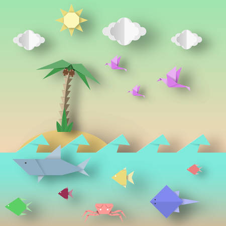 Origami Style Crafted out of Paper with Cut Shark, Stingray, Birds, Fish, Sun, Sky. Abstract Underwater Life. Template Under the Water Cutout Elements, Symbols. Vector Illustrations Art Design.のイラスト素材