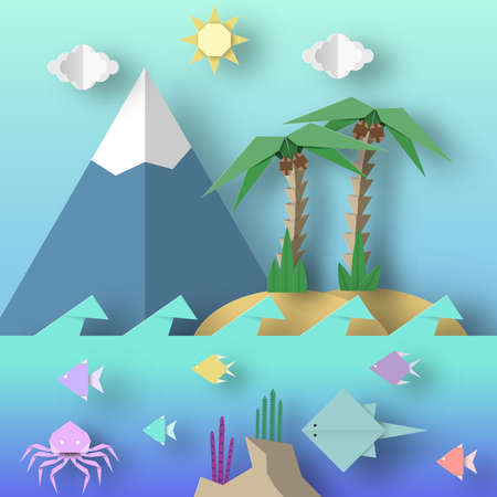 Origami Style Crafted out of Paper with Cut Palm, Mountain, Fish, Sun, Clouds. Abstract Scene Underwater Life. Template Under the Water Cutout Elements, Symbols. Vector Illustrations Art Design.のイラスト素材