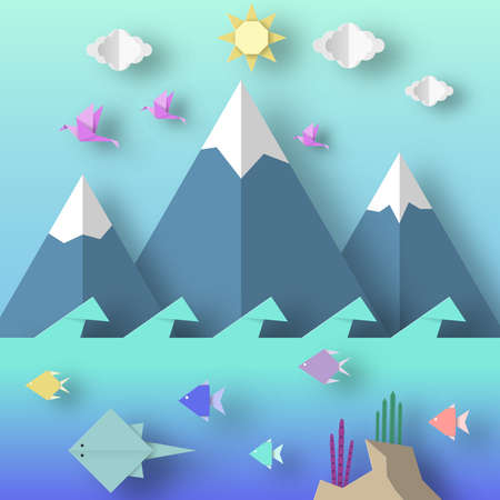 Origami Style Crafted out of Paper with Cut Birds, Mountain, Fish, Sun, Clouds. Abstract Scene Underwater Life. Template Under the Water Cutout Elements, Symbols. Vector Illustrations Art Design.のイラスト素材