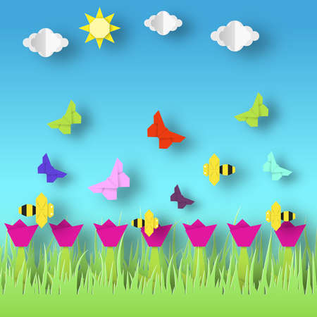 Origami Style Crafted out of Paper with Cut Colorful Flowers, Butterflies. Abstract Scene Flying Insects. Card with Cutout Elements, Symbols. Spring Landscape. Vector Illustrations Art Design.のイラスト素材
