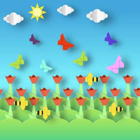 Origami Style Crafted out of Paper with Cut Colorful Flowers, Butterflies, Bee. Abstract Scene Flying Insects. Card with Cutout Elements, Symbols. Spring Landscape. Vector Illustrations Art Design.のイラスト素材