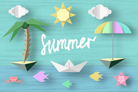 Summer Paper Applique of Symbols, Sign and Objects with Text illustrate the Greeting of the Summertime. Sun Background. Art Template for Banner, Card, Logo, Poster, Label. Design Vector Illustrations.のイラスト素材