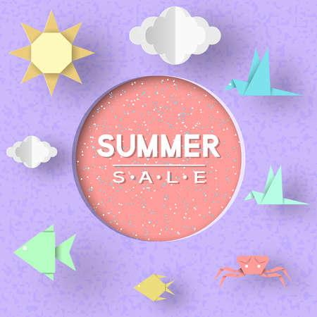 Summer Sale. Paper Concept Origami Symbols and Typographic Text illustrate the Advertising Coupon. Fashion Background. Template for Banner, Card, Logo, Poster, Emblem. Vector Illustrations Design.のイラスト素材