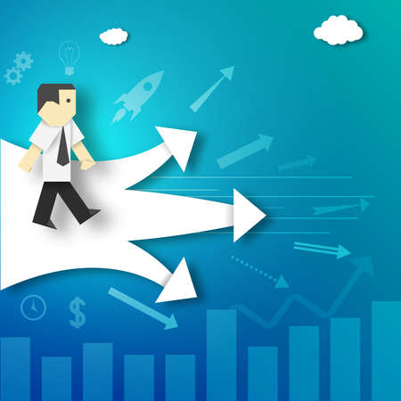 The Businessman Makes the Decision about Choosing the Path Before the Crossroads Paper Origami Crafted Business Concept.のイラスト素材