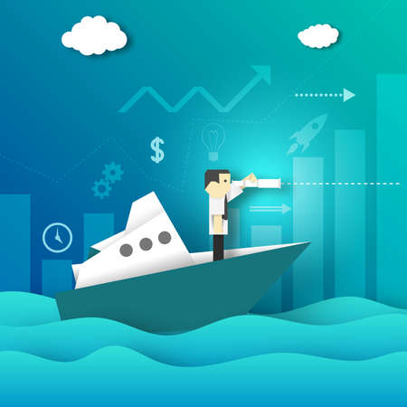 Paper Origami Businessman Looking for New Opportunities in the Telescope.のイラスト素材