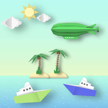 Paper Origami Airship Flies over the Sea and the Island. Cut Landscape Scene.のイラスト素材
