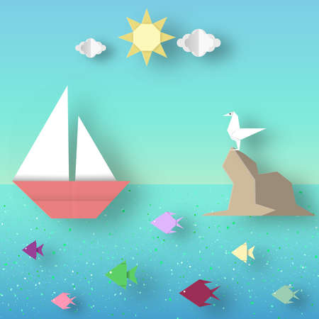 Paper Origami Landscape with Ship Sails Past the Reef with a Seagull.のイラスト素材