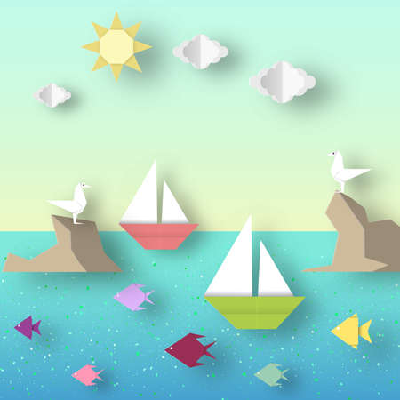 Paper Origami Landscape with Ship Sails Past the Reef with a Seagull.のイラスト素材