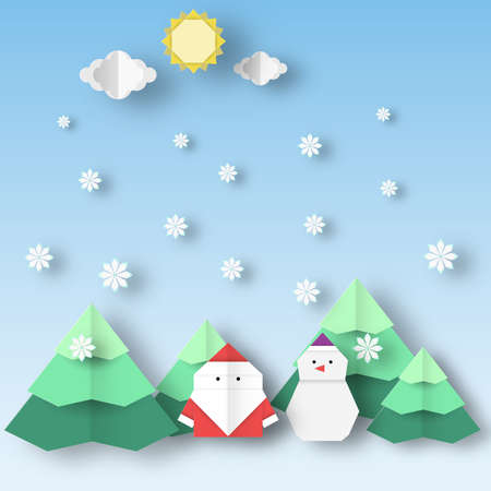 Santa Claus and snowman with Christmas landscape this image is a vector illustrationのイラスト素材