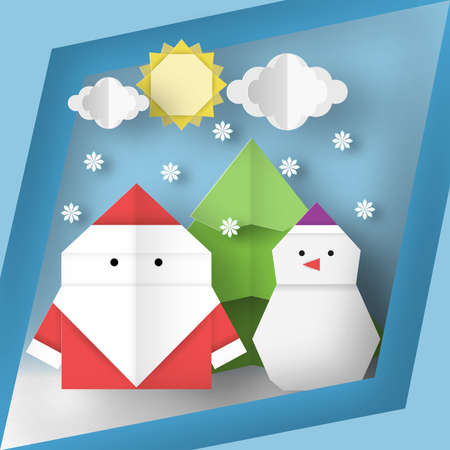 Christmas greeting card with paper Santa Claus and snowman for holiday this image is a vector illustrationのイラスト素材