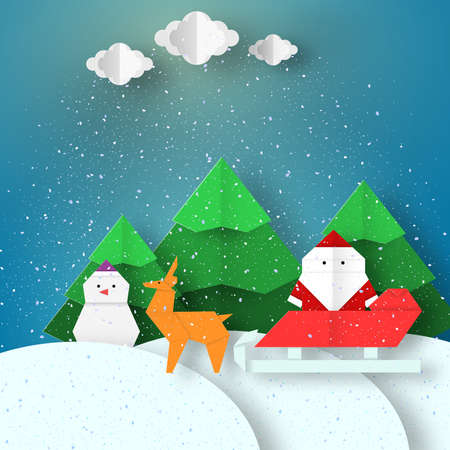 Greeting Landscape with Santa Claus and deer Christmas background paper origami style on can be used for congratulations with winter holidays this image is a vector illustrationのイラスト素材