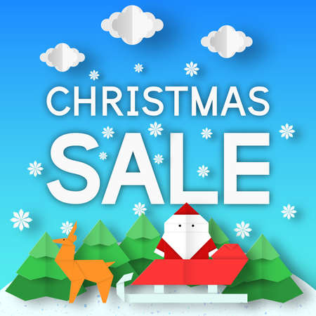 Christmas sale. Fashion Xmas rebate banner with origami landscape for big offer. Vector paper background.のイラスト素材