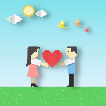 Happy Love Origami Scene with Couple and Big Hearts Crafted Romantic Paper Concept for Valentine's Day. Cut Applique Scene with Elements. Quality Art Cutout Template. Vector Illustrations Art Design.のイラスト素材