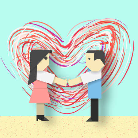 Happy Valentine's Day Card Scene Paper Origami Abstract Concept, Applique Scene with Cut Couple and Hearts. Loving Cutout Template with Elements, Symbols for Cards. Vector Illustrations Art Design.のイラスト素材