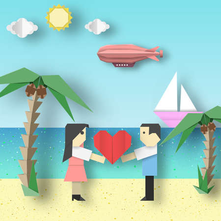 Paper Origami Concept Card for Valentine's Day with Couple, Ship, Dirigible, Sea, Sun, Sky. Papercut Style and Cutout Trend. Applique Scene with Elements, Symbols. Vector Illustrations Art Design.のイラスト素材