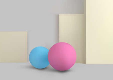 3D Geometric Studio Scene Design with Abstract Spheres and Boxes Form,  Minimalistic Concept Composition. Vector Illustration/Visualization/Render of 3d Graphic Design â Vectorのイラスト素材