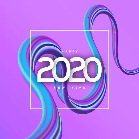 2020 Happy Year New Vector Art Colorfully Background with Splashing Curves Shapes and Frame with...