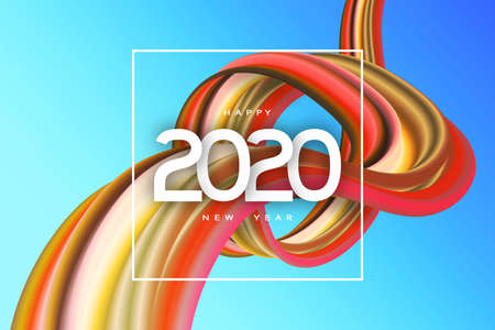 Happy New Year 2020 Vector Art Background. Colorful Decoration Wave. Dynamical Turbulence Curve...