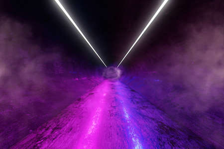 Neon 3D Glow Lights with Fluorescence and Smoke in the Futuristic Grunge Tunnel, 3D Rendering Background, Underground Abstract Empty  Interior, Conceptual Cosmic Tomorrow Aesthetic Interior Style.の写真素材