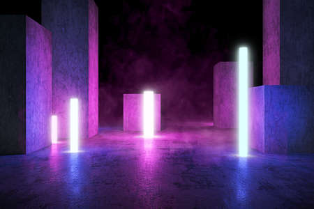 Neon 3D Power Lights with Fluorescence and Smoke, Grunge Concrete Columns, 3D Rendering Background,...