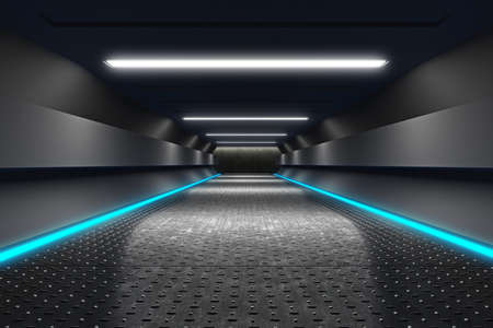 Futuristic Corridor with Neon Fluorescence Lights, Metal Anti-Slip Floor, 3D Rendering Futuristic...