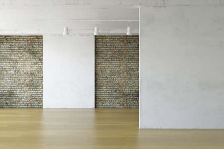 Modern Interior Room with Dirty Brick and White Plaster  Wall with Wooden Floor, Minimalistic Decor,...