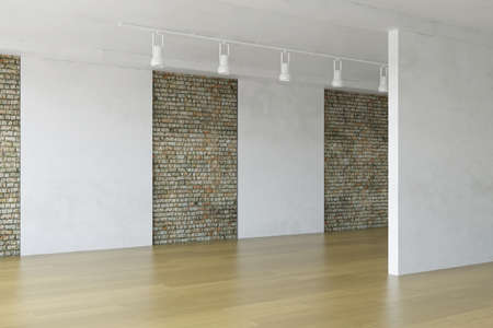 Modern Interior Room with Dirty Brick and White Plaster  Wall with Wooden Floor, Minimalistic Decor, Empty Space, Stylish Decorative Studio Trend, Fashion Conceptual Style, 3D Rendering Graphic Designの写真素材