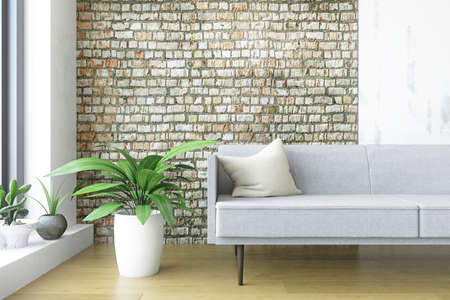 Modern Interior Room with a Sofa and several Plants near the Big Window, Old Dirty Brick Wall with Wooden Floor, Minimalistic Stylish Decor, Fashion Conceptual Style, 3D Rendering Graphic Designの写真素材