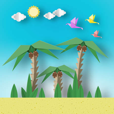 Paper Origami Concept Landscape with Birds, Palm, Sun, Sky. Papercut Style and Cutout Trend. Applique Summer Scene with Elements, Symbols. Vector Illustrations Art Design.のイラスト素材