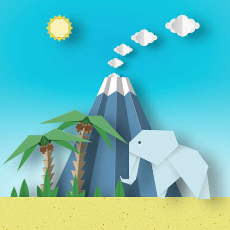 Origami Paper Concept Landscape with Elephants, Palm, Sun, Sky, Volcano. Papercut Applique Style Cutout Fashion Trend. Summer Tropical Scene with Elements, Symbols. Vector Illustrations Art Designのイラスト素材
