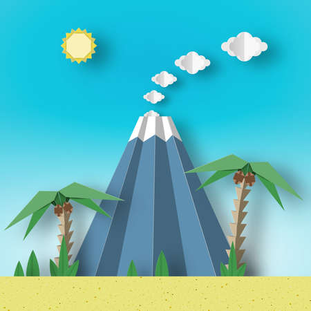 Origami Paper Concept Landscape with Palm, Sun, Sky, Volcano. Artistic Papercut Applique Style and Cutout Fashion Trend. Summer Tropical Scene with Elements, Symbols. Vector Illustrations Art Design.のイラスト素材