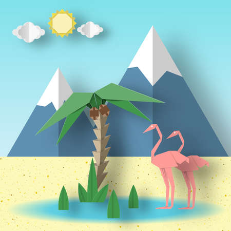Summer Paper Origami Concept with Flamingo, Palm, Sun, Sky, Mountain. Papercut Seasonal Poster. Abstract Scene with Symbols, Sign, Elements. Vector Illustrations Art Design Background.のイラスト素材
