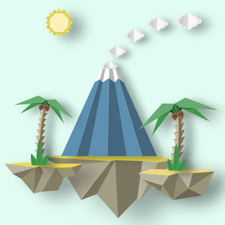 Unusual decorative paper origami concept with flying islands on which there are erupting volcano, palms. Colorful fantasy landscape. Vector Illustrations Art Design.のイラスト素材