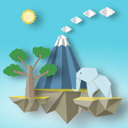 Paper Origami fashion concept with flying islands on which there are elephant, erupting volcano, tree. Exotic fancy park. Vector Illustrations Art Design.のイラスト素材