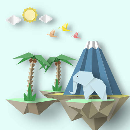 Paper Origami creative scene with soars islands on which there are papercut elephant, volcano, palm. Abstract concept. Cut out template elements, symbols for cards. Vector Illustrations Art Design.のイラスト素材