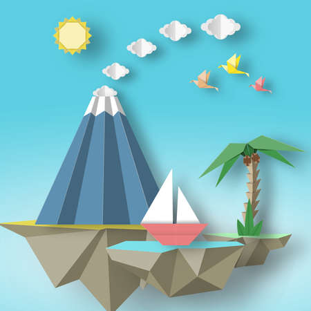 Origami Paper artistic applique with soars islands on which there are ship, volcano, palm. Artwork nature cutout concept. Cut out template elements, symbols for cards. Vector Illustrations Art Design.のイラスト素材
