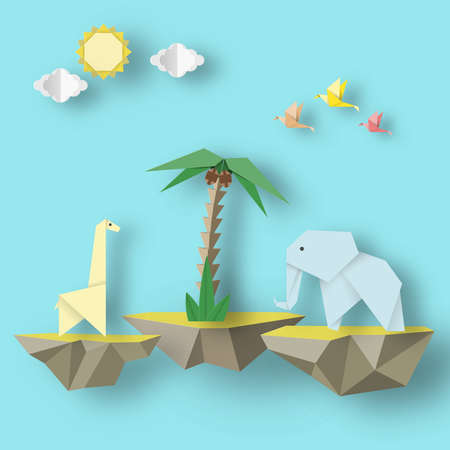 Paper Origami Abstract Concept, Applique Scene with Cut Birds, Elephant, Giraffe and Levitate Island. Artwork Crafted. Cutout Template with Elements, Symbols for Card. Vector Illustrations Art Design.のイラスト素材