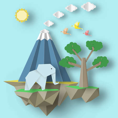 Paper Origami Abstract Concept, Applique Scene with Cut Birds, Elephant, Volcano and Fly Island. Folded Artwork. Cutout Template with Elements, Symbols for Card. Vector Illustrations Art Design.のイラスト素材