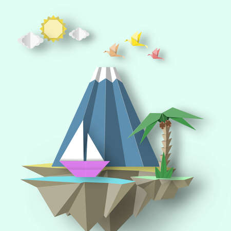 Paper Origami Abstract Concept, Applique Scene with Cut Birds, Mountain, Yacht and Fly Island. Custom Artwork. Cut out Template with Elements, Symbols for Card. Vector Illustrations Art Design.のイラスト素材