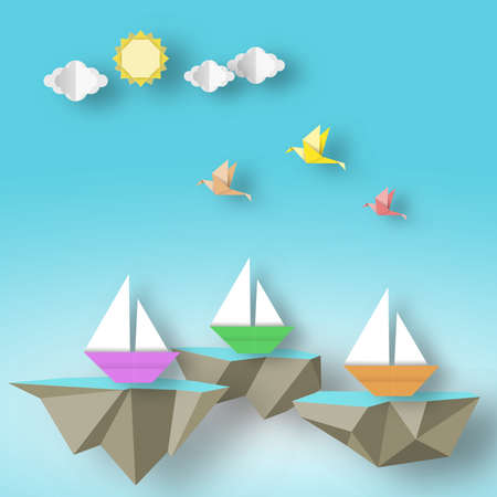 Paper Origami Abstract Concept, Applique Scene with Cut Birds, Yacht and Fly Sea Island. Unusual Artwork. Cut out Template with Elements, Symbols for Card. Vector Illustrations Art Design.のイラスト素材
