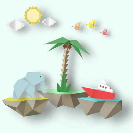 Origami Paper Abstract Concept, Applique  Art Scene with Cut Elephant, Ship and 3D Fly Island. Papercut Decoration Artwork. Cutout Template with Elements, Symbols for Card. Vector Illustrations Art Design.のイラスト素材