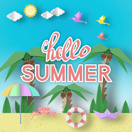 Hello Summer Paper Origami Seasonal Symbols, Sign, Elements with Text Illustrate the Greeting of the Summertime. Fashion Trend Background, Banner, Card, Poster. Vector Illustrations Art Design.のイラスト素材