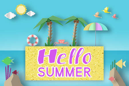 Hello Summer Fancy Origami Paper Symbols, Sign, Elements with Phrase Illustrate the Greeting of the Fun Summertime Season. Trendy Background, Banner, Card, Poster. Vector Illustrations Art Design.のイラスト素材