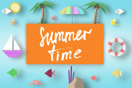 Summer Time Art Paper Origami Abstract Concept, Applique Scene with Slogan and Cutout Elements. Creative Cut Template for Season Unusual Card, Poster, Banner. Vector Illustration Art Design.のイラスト素材