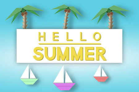 Hello Summer Paper Origami Fashion Abstract Concept, Applique Scene with Phrase and Cut Elements. Creative Cutout Template for Summertime Card, Poster, Banner. Vector Illustration Origami Art Design.のイラスト素材