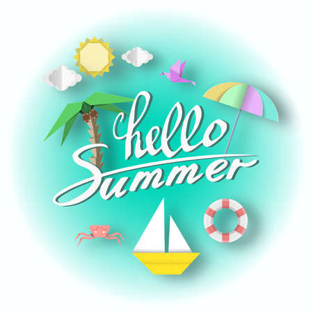 Hello Summer Contemporary Paper Art Banner, Origami Unusual Elegant Elements with Text, Decorative Stylish Background, 3D Cut Paper Objects, Vector Illustration Art Designのイラスト素材