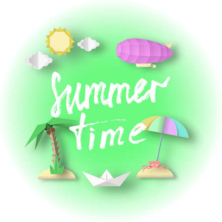 Hello Summer Colorful Paper Art Banner, Origami Unusual Elegant Elements with Text, Conceptual Decorative Stylish Background, 3D Cut Paper Objects, Vector Illustration Art Designのイラスト素材