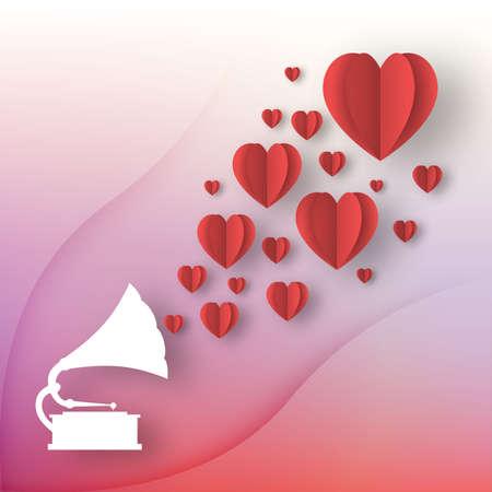 Red Hearts with White Gramophone on the Colorful Background, Stylish Paper Elements, Greeting Template for Mother, Valentine Day, Origami Elegant Objects, Vector Illustration Art Designのイラスト素材