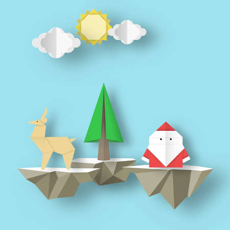 Paper Origami Christmas nature scene with cutout Santa Claus, deer and tree on polygonal soaring islands. Crafted abstract Xmas concept cut fragments for templates. Vector Illustrations Art Design.のイラスト素材